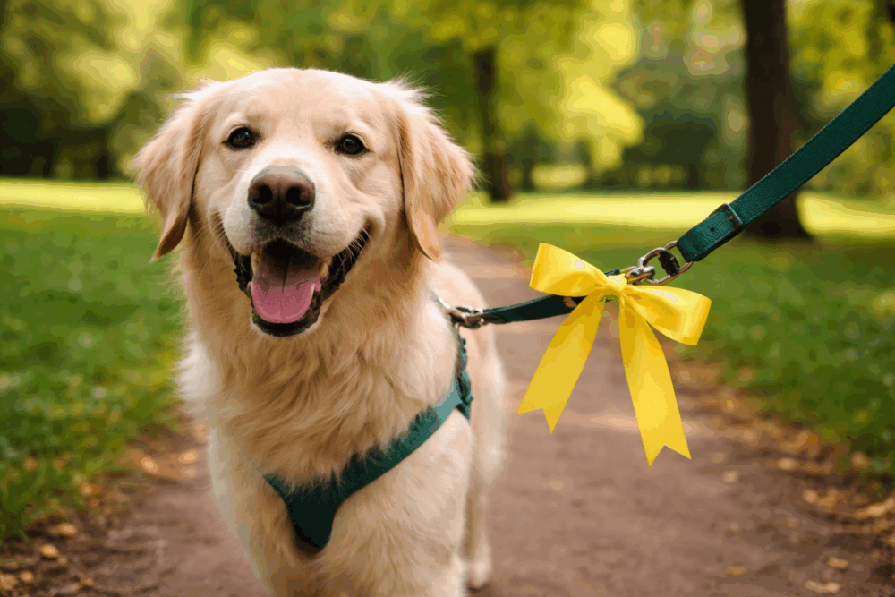 pies z żółtą kokardą